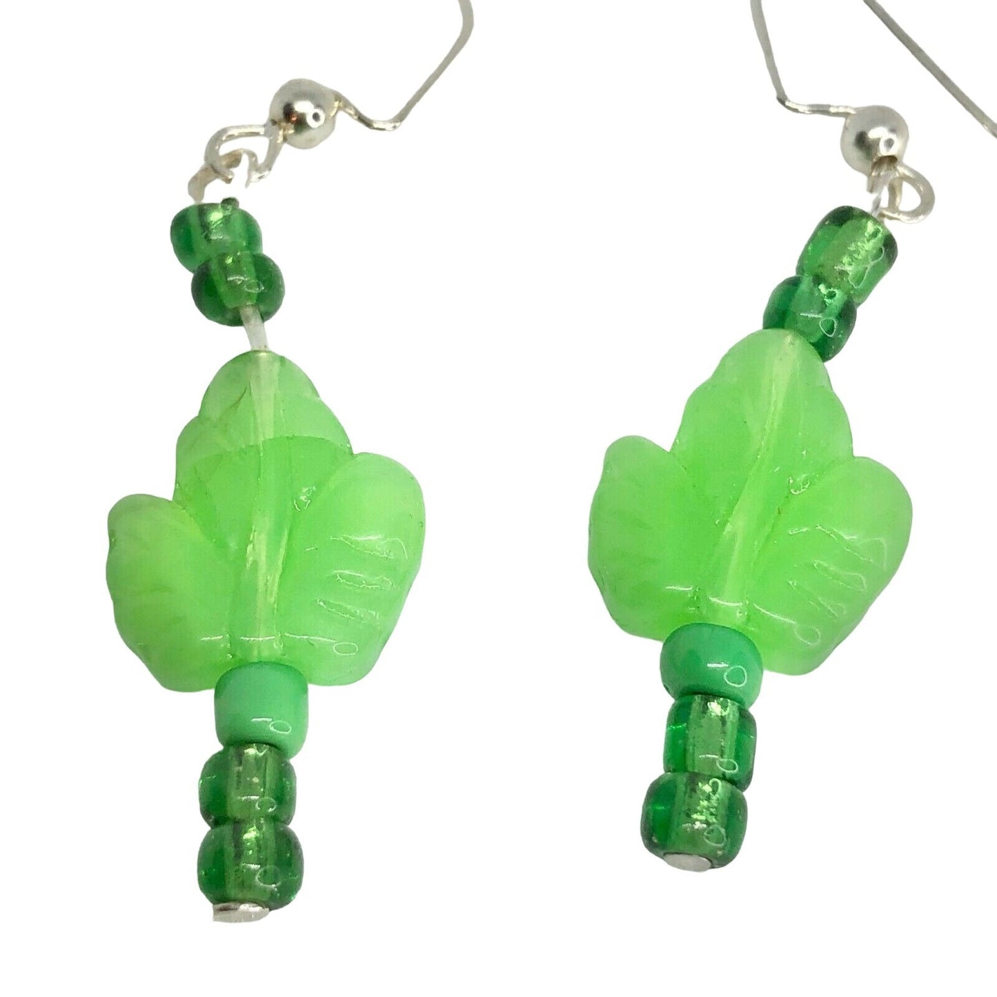 Handmade Beaded Earrings Green Glass Leaf Beads Spring Jewelry NEW