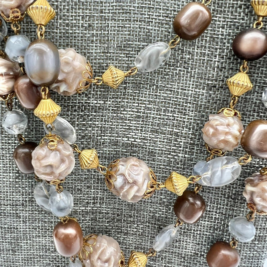 Vintage Goldtone Beaded 4 Strands Necklace Gray and Brown