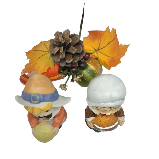 Thanksgiving Girl and Woman Figurines with Fall Pick Autumn