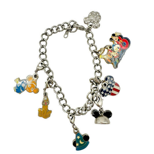 Disney Charm Bracelet Silvertone with Mickey Mouse Ruby Colored Stones Necklace