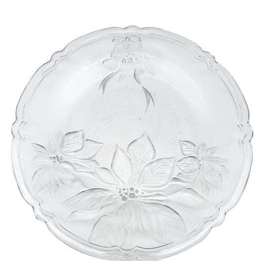 Vintage Serving Plate 13 inch Round Clear Etched Poinsettias