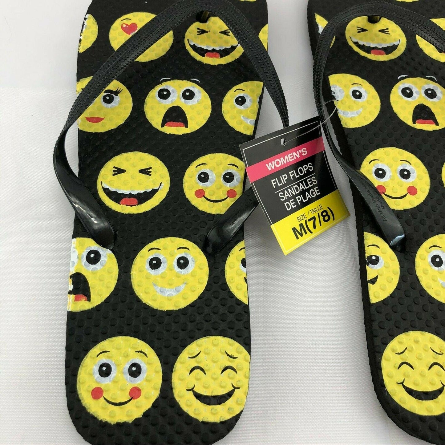 Flip Flops Emojis Womens M (7-8) Black and Yellow NEW beach pool camping casual Summer