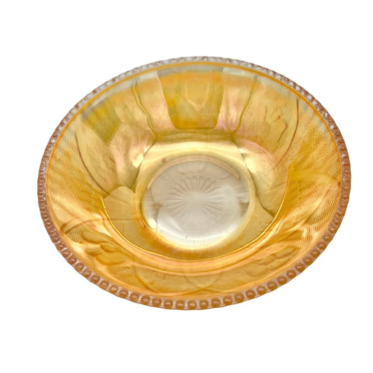 Iridescent Iris & Herringbone Marigold Compote Dish Vintage Carnival Glass 1940s