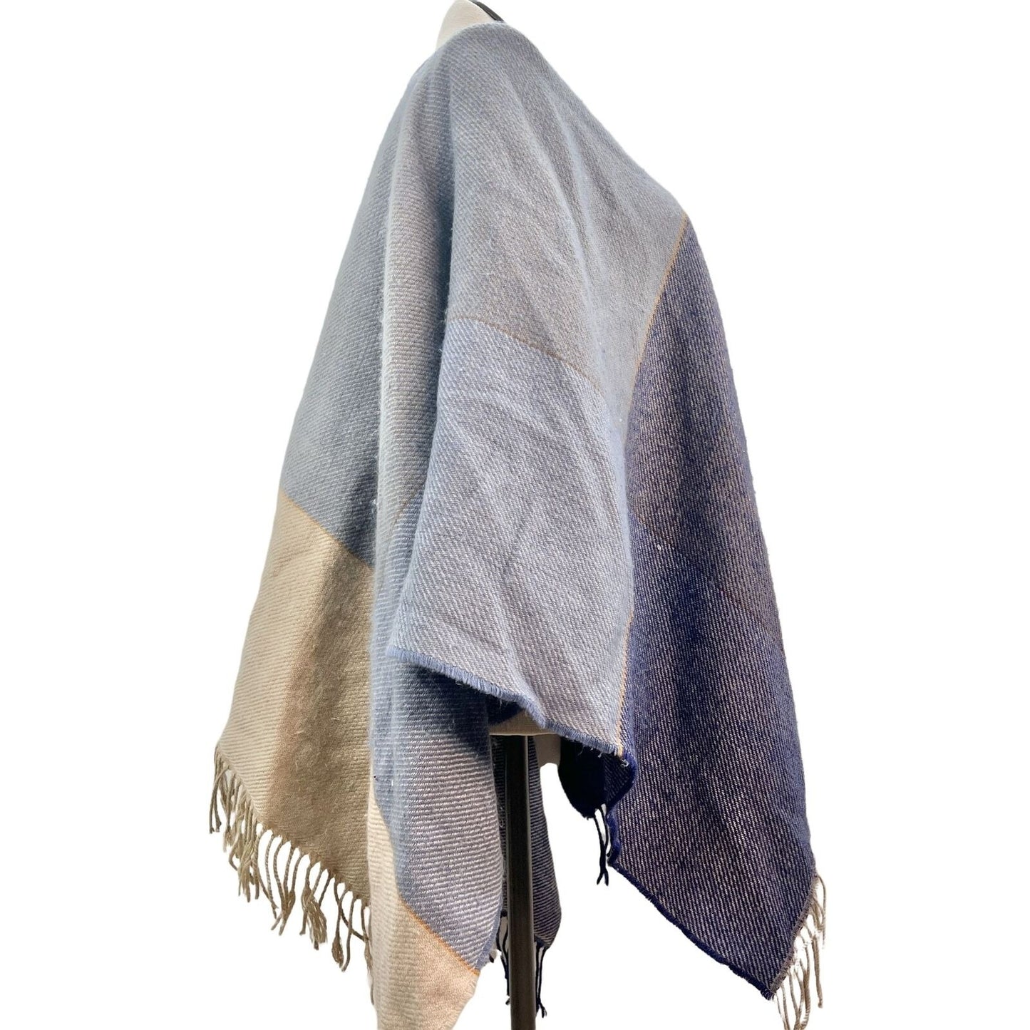 Shawl Wrap OSFA Blues Tan Open Front Fringed