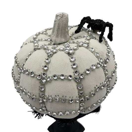 Bejeweled White Pumpkin on Black Stand with Spider Halloween