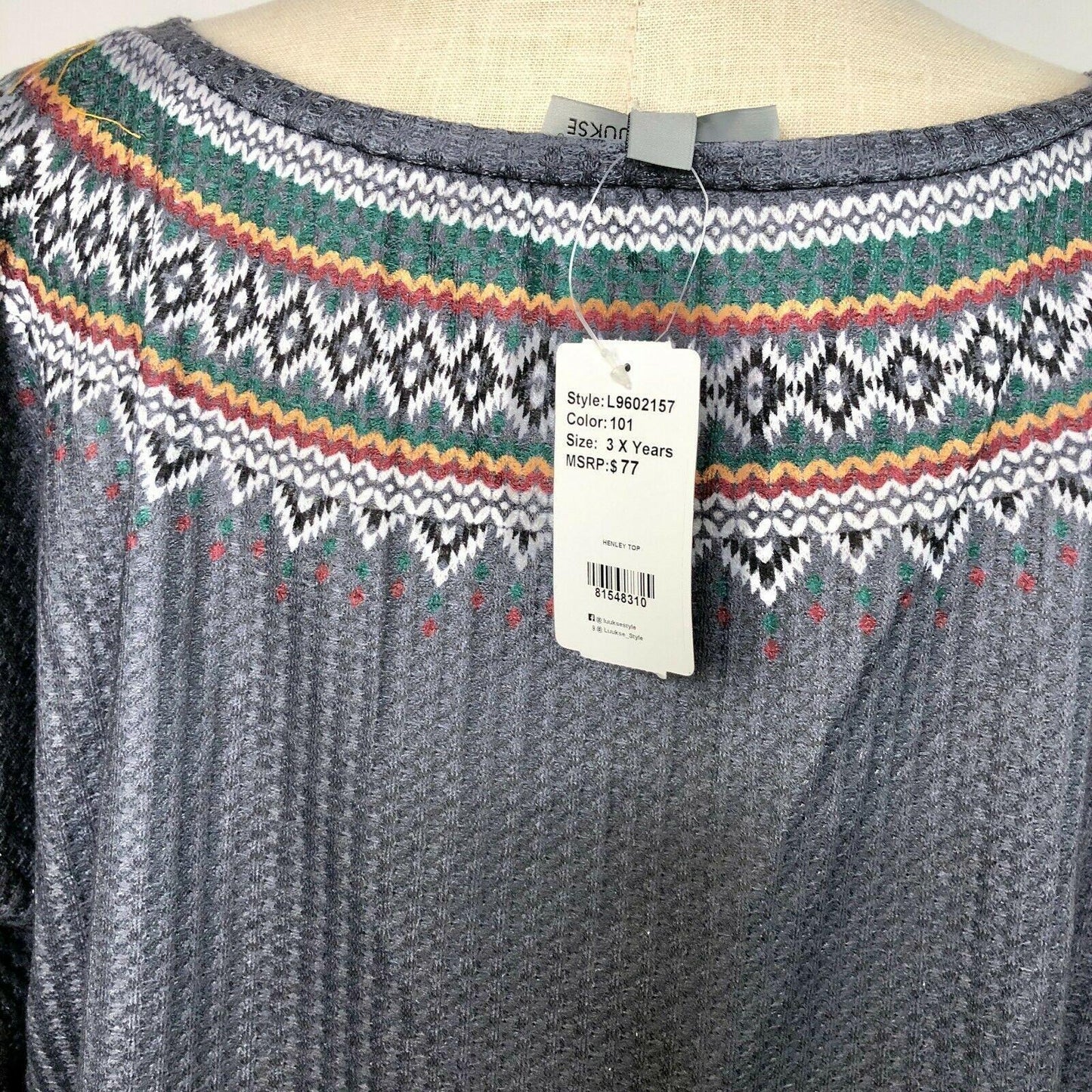 Luukse Womens 3X Gray Lightweight Henley Top with Ski Sweater Look Long Sleeve