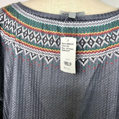 Luukse Womens 3X Gray Lightweight Henley Top with Ski Sweater Look Long Sleeve