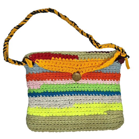 Handcrafted Crocheted Purse Multicolor w/ button closure tshirt yarn NEW