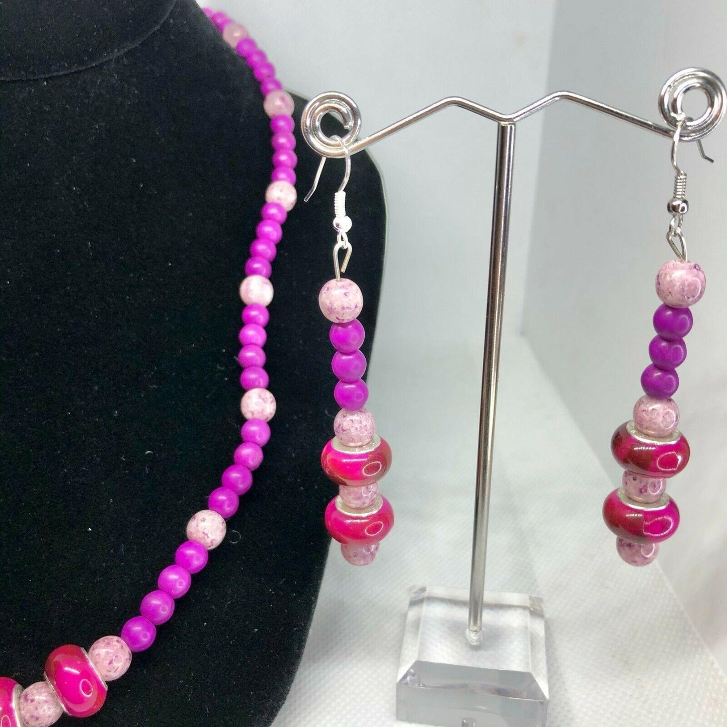 Handcrafted 2pc Jewelry Set Dark Pink Beads Necklace Earrings NEW