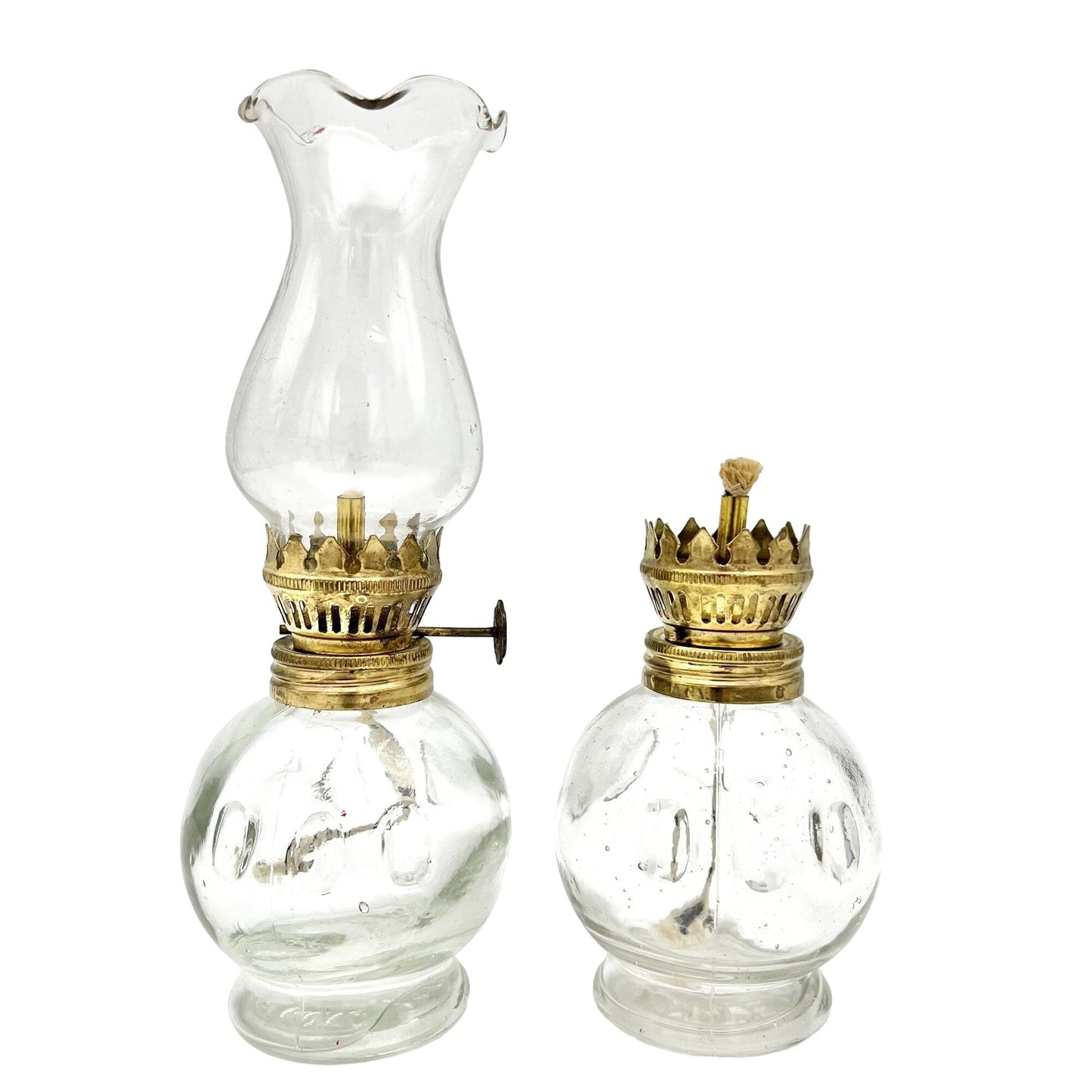 Set of 2 Mini Oil Lamps 8 x 3 and 4.5 x 3 Clear Glass One Missing Chimney