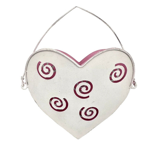 LGD Inc. Hanging Heart Basket 7 x 6 White Pink Metal Cut Out Swirls Valentines