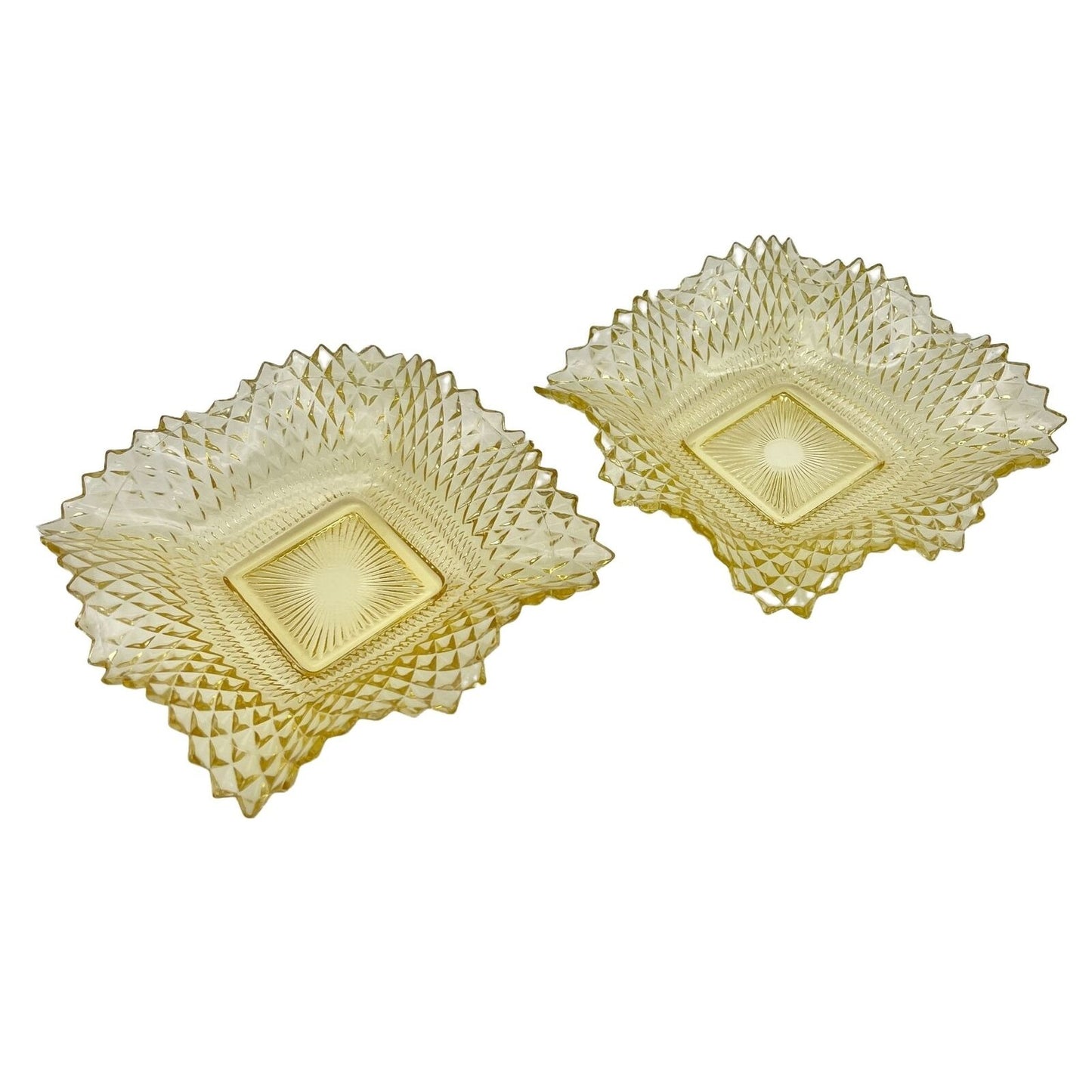 Vintage Set of 2 Square Diamond Point Ruffled Edge Glass Candy Serving Bowls