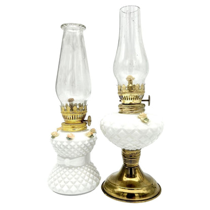 Set of 2 Mini Vintage Oil Lamps 8.5 x 3 9 x 3 Brass and White Milk Glass