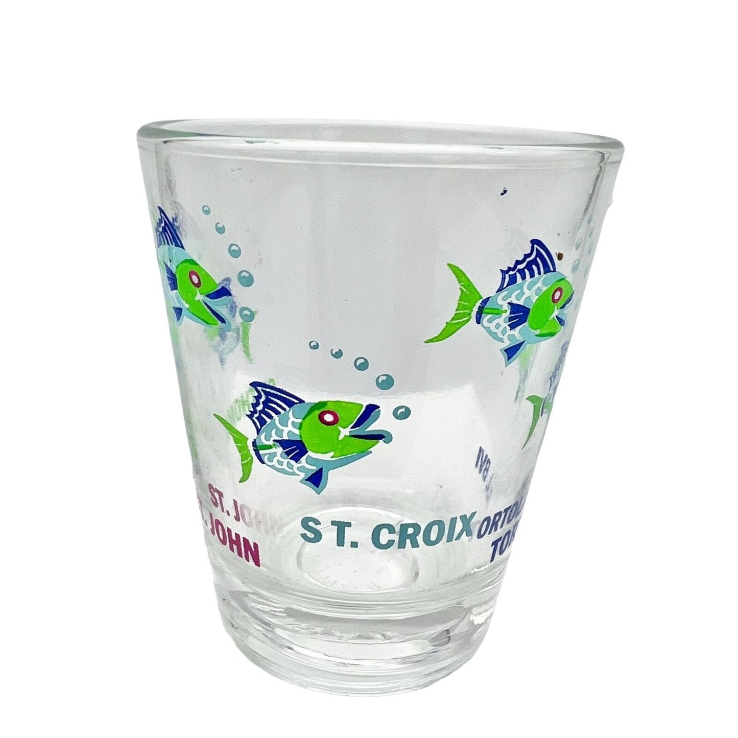 Shot Glass 2.5 x 2 Clear Blue Green Fish St Thomas John Croix Tortola BVI