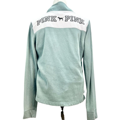 Victoria's Secret Pink LS 1/4 Zip Sweatshirt Small Green White Kangaroo Pocket