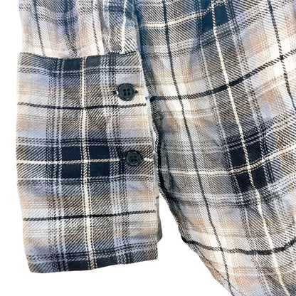 Elan Women's Small Blue Plaid LS Rayon High Low Button Up Mock Neck Top