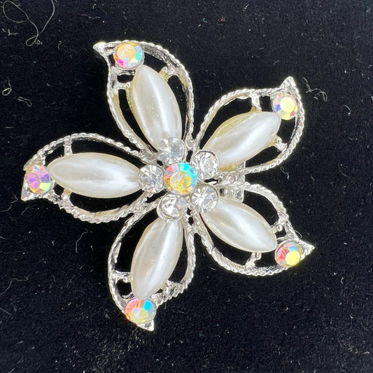 Vintage Silvertone Flower Design Pearl and Crystal Brooch