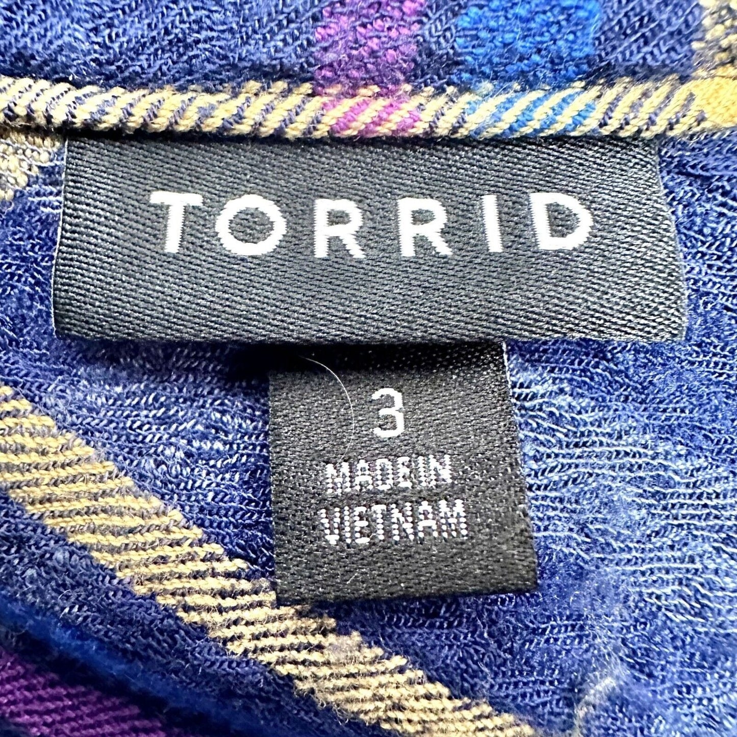 Torrid Flannel Shirt Size 3 Blue Purple Yellow Plaid Buttons Front Back LS NWOT