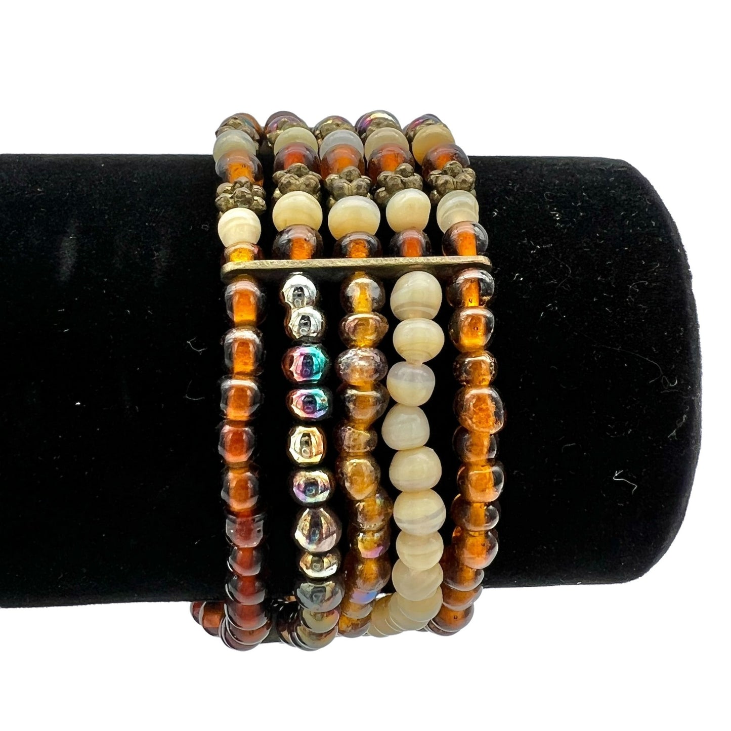 Bracelet Womens 7 x 1 Multi Strand Gold Brown Beads Stretch