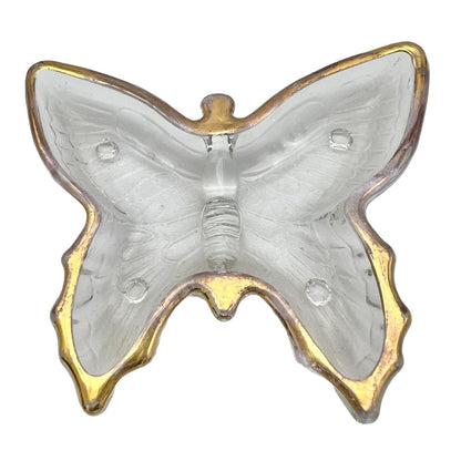 Set of 2 Vintage Butterfly Trinket Dishes 4.5 x 4 Clear Glass Gold Trim