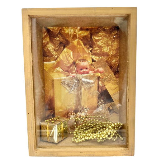 Handcrafted Shadow Box 7.5 x 5.5 x 3 Gold Baby Present Christmas