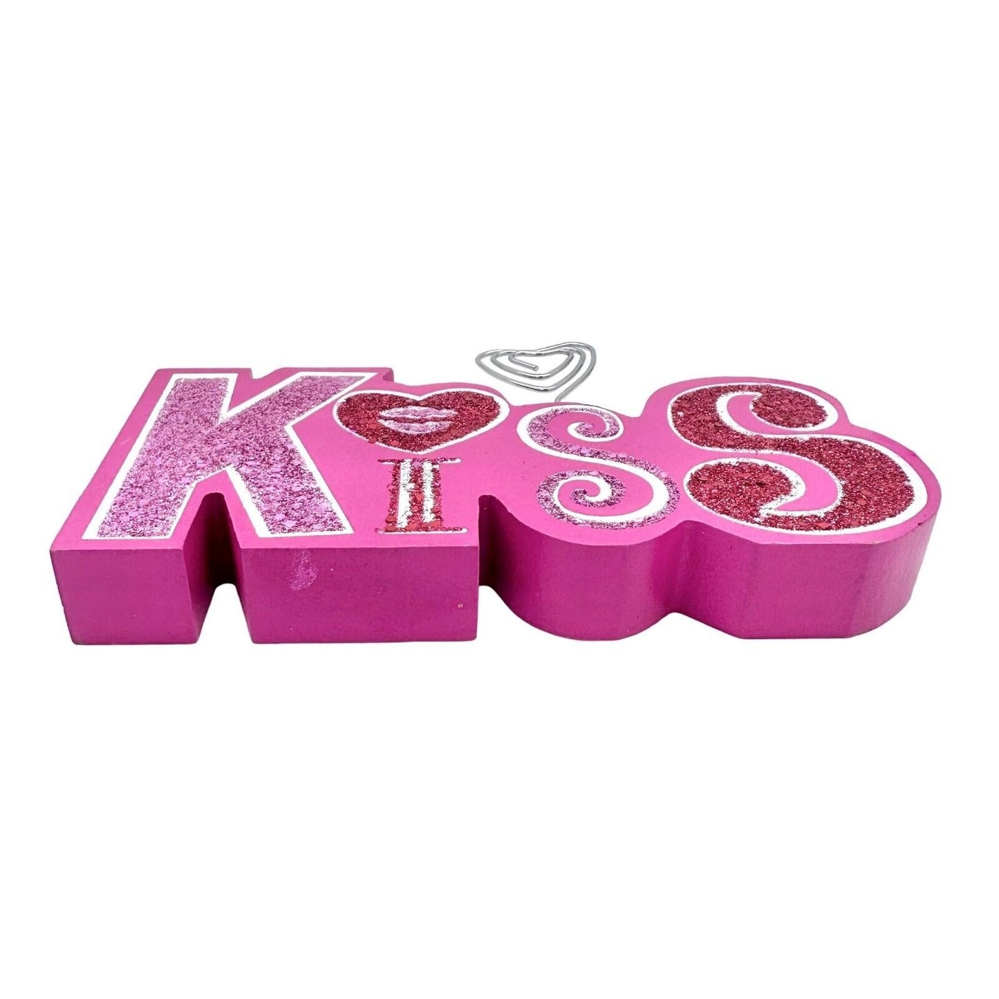 Wooden Note Picture Holder 7 x 4.5 x .75 Pink Red Glitter Kiss Valentines