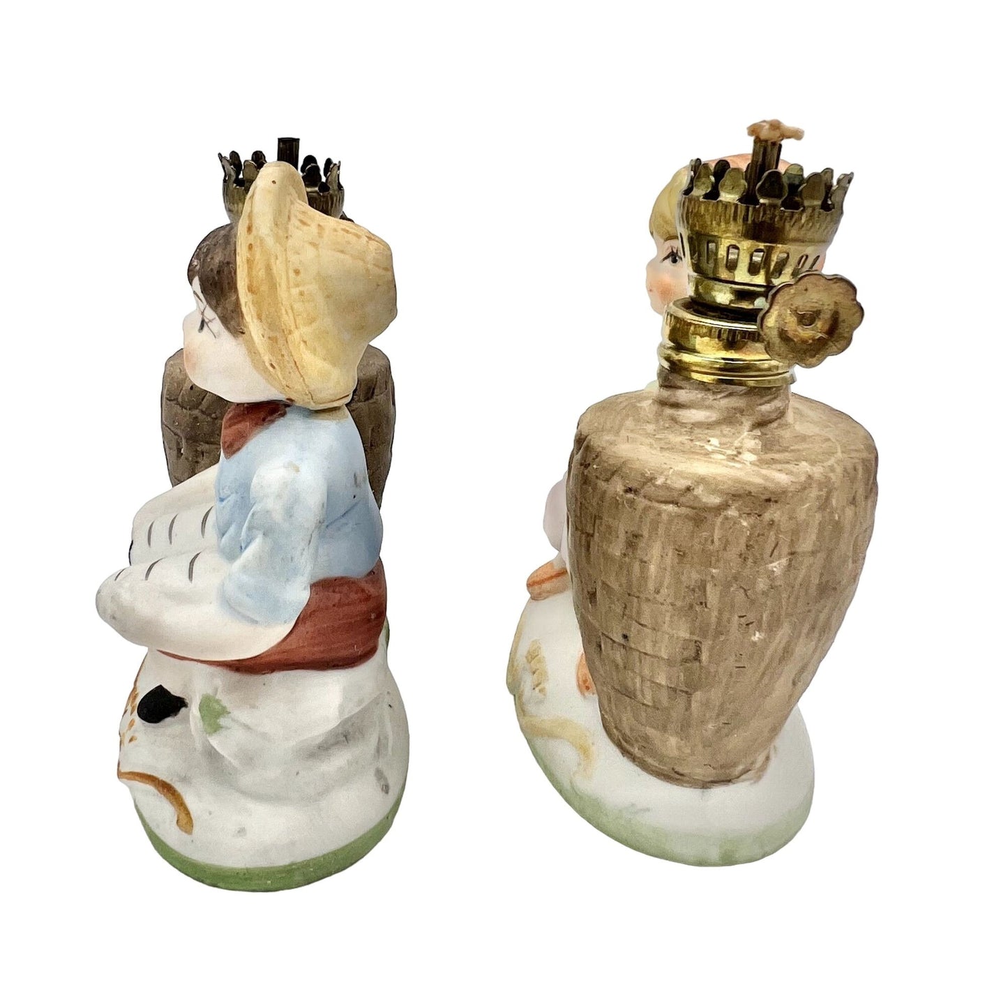 Vintage Pair Matching Ceramic Mini Oil Lamps Boy Reading Book Girl Basket