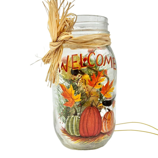 Fall Mason Jar Light 7 x 3.5 Welcome Pumpkins Battery Autumn Halloween