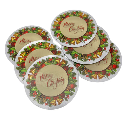 Set of 6 Christmas Coasters 4 in w/ Large Cloth Gift Bag 16.5 x 23 Cinch Closure