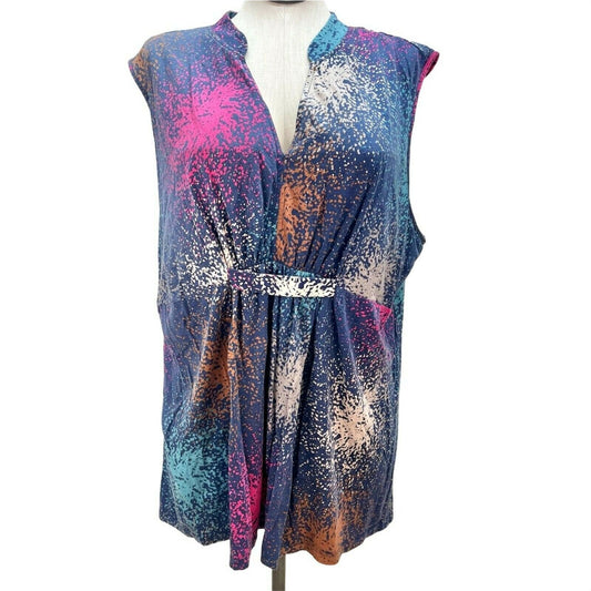 Womens 3X Sleeveless Paint Splattered Look Multicolor V-Neck Tunic