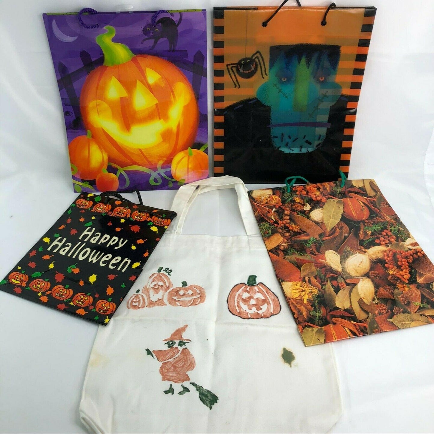 Halloween Handpainted White Canvas Trick or Treat Tote Bag and 4 gift bags