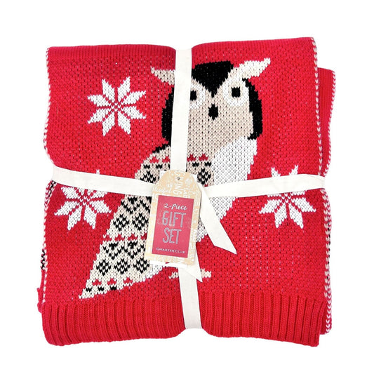 Charter Club 2-Piece Gift Set Scarf Hat One Size Red Owl Snowflakes NEW