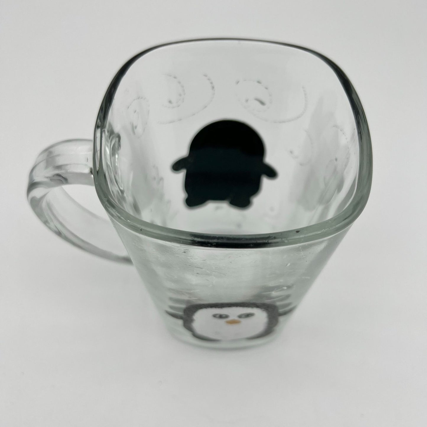 Glass Mug with Hand Painted Penguins  and Swirls 5 Inches Tall