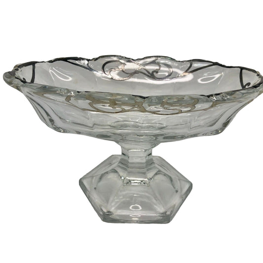 Glass with Silver Design Pedestal Candy Nut Bonbon Trinket Bowl EUC