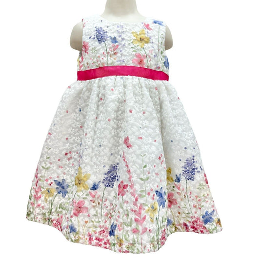 Blueberi Boulevard Child's Dress Size 4T White Stitched Flowers Pink Bow EUC