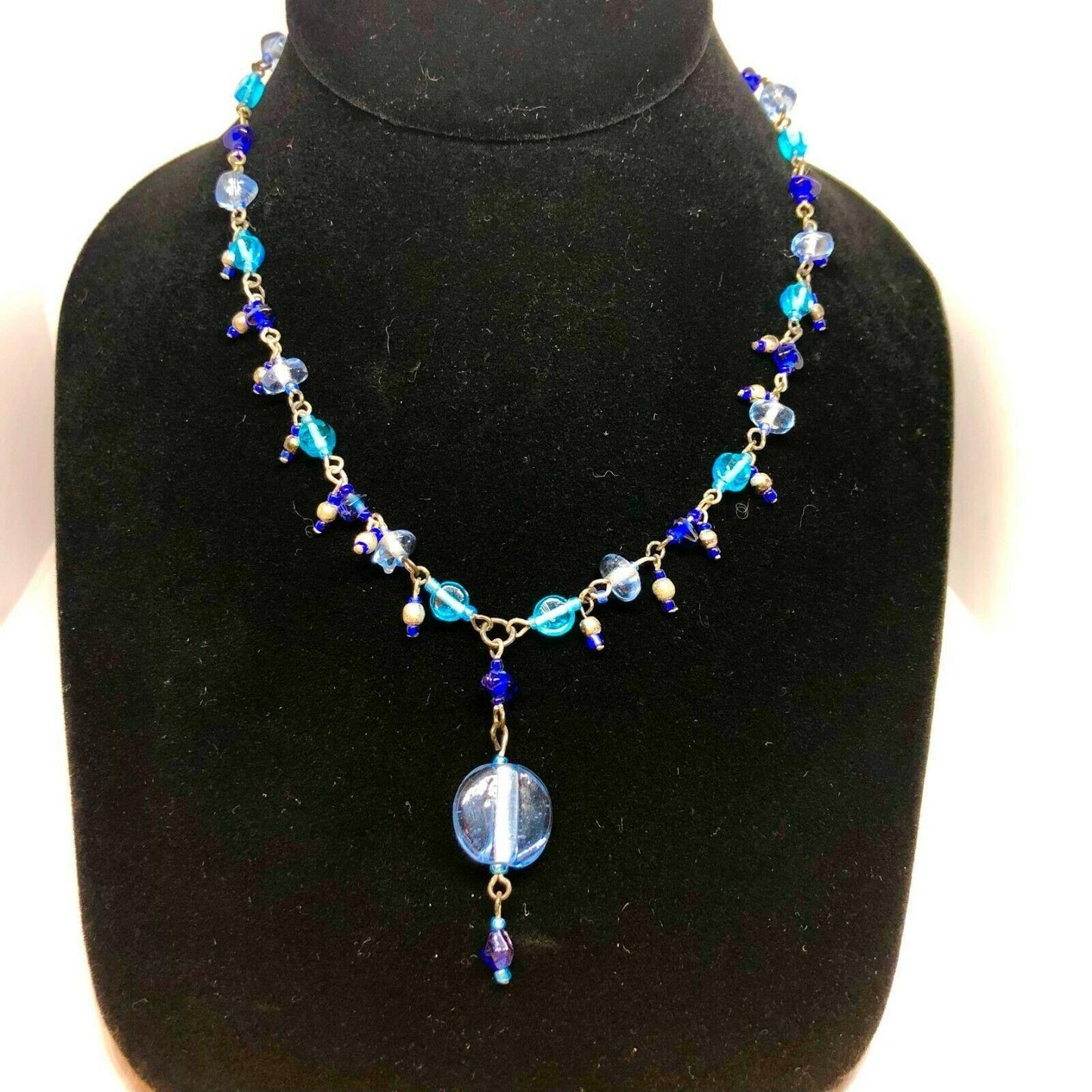 Beaded Pendant Necklace Silvertone and Blue Colorful Beautiful