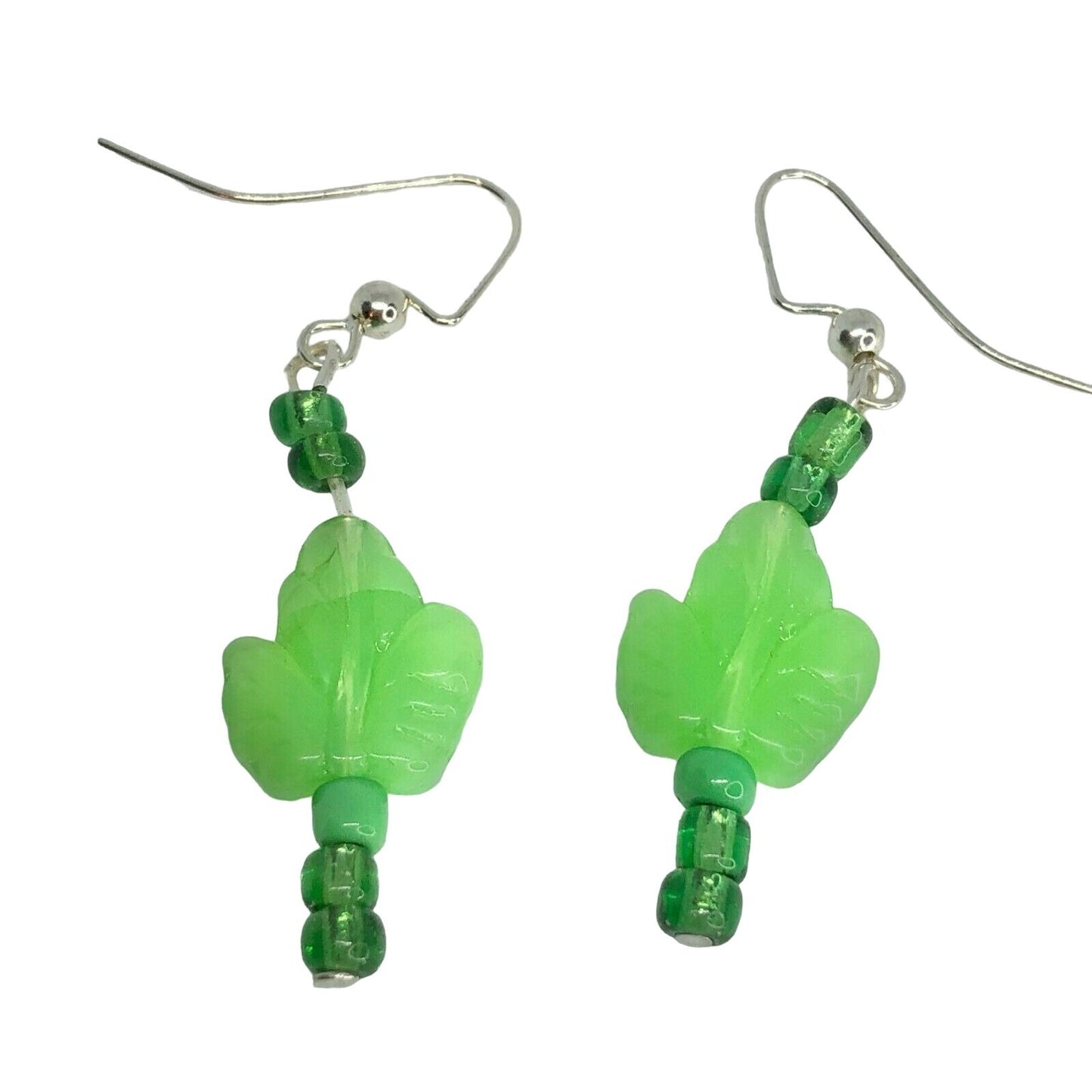 Handmade Beaded Earrings Green Glass Leaf Beads Spring Jewelry NEW