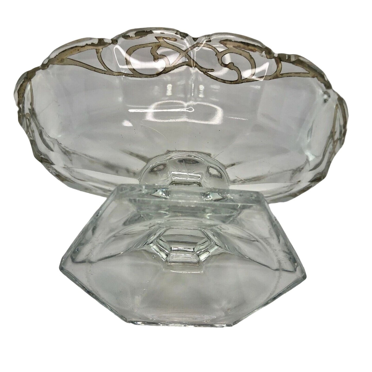 Glass with Silver Design Pedestal Candy Nut Bonbon Trinket Bowl EUC