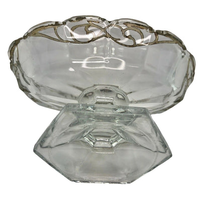 Glass with Silver Design Pedestal Candy Nut Bonbon Trinket Bowl EUC