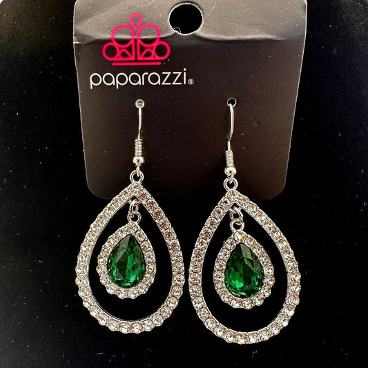 Paparazzi Pierced Earrings Silvertone Clear Green Rhinestones Teardrops NWT